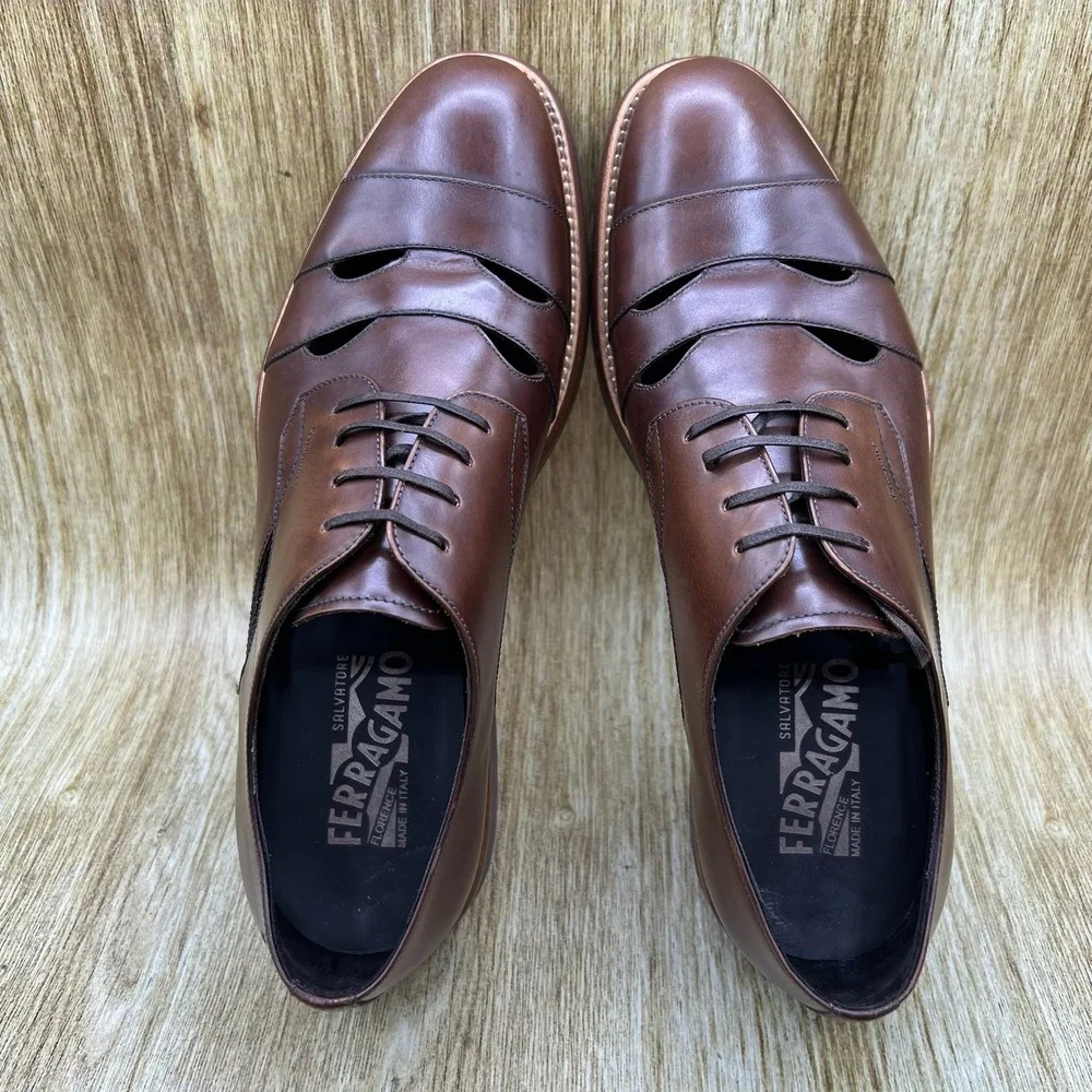 Salvatore Ferragamo Famoso Leather Oxfords Mens 7.5 2E Brown Italian Dress Shoes